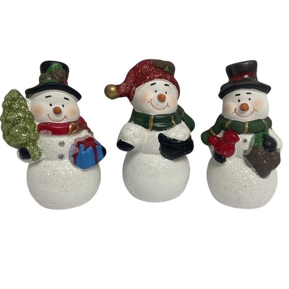 Vintage Christmas Snowman Figurine Trio Glitter Ceramic Holiday Decor Set of 3